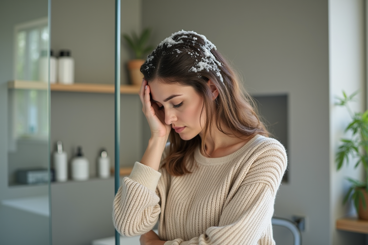 Femme appliquant du shampoing dans ses cheveux dans une salle de bain moderne