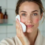 Femme aux joues rouges appliquant un soin apaisant sur une peau sensible atteinte de rosacée dans une salle de bain minimaliste