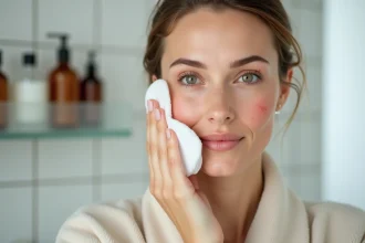 Femme aux joues rouges appliquant un soin apaisant sur une peau sensible atteinte de rosacée dans une salle de bain minimaliste