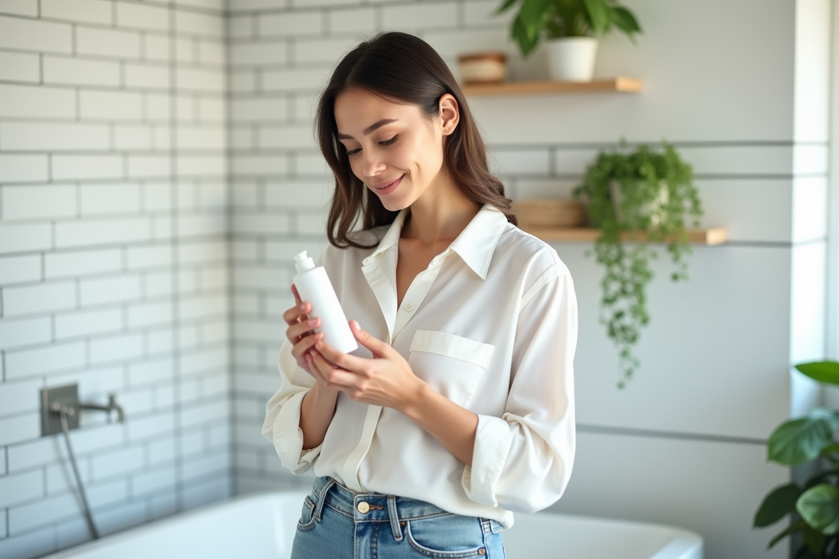 Jeune femme examine un produit de soin visage dans une salle de bain lumineuse