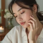 Femme appliquant une huile sur le visage avec ambiance naturelle