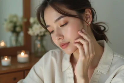 Femme appliquant une huile sur le visage avec ambiance naturelle