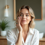 Femme appliquant une creme visage dans une salle de bain lumineuse