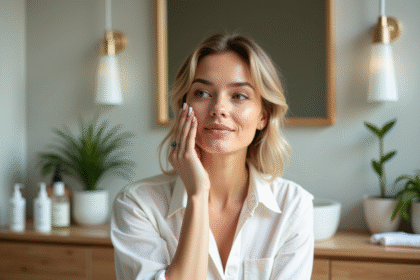 Femme appliquant une creme visage dans une salle de bain lumineuse