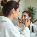 Femme souriante appliquant une creme visage dans la salle de bain