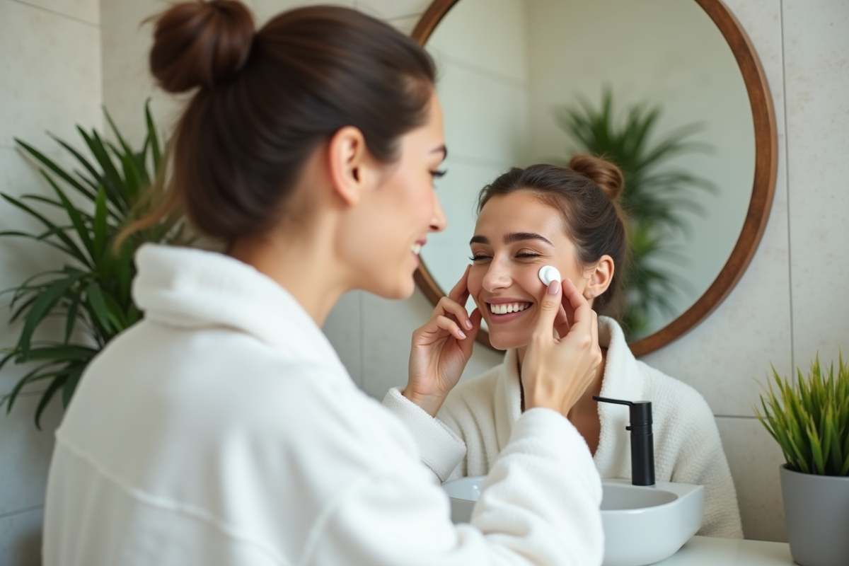 Femme souriante appliquant une creme visage dans la salle de bain