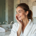 Femme souriante en robe blanche dans salle de bain moderne