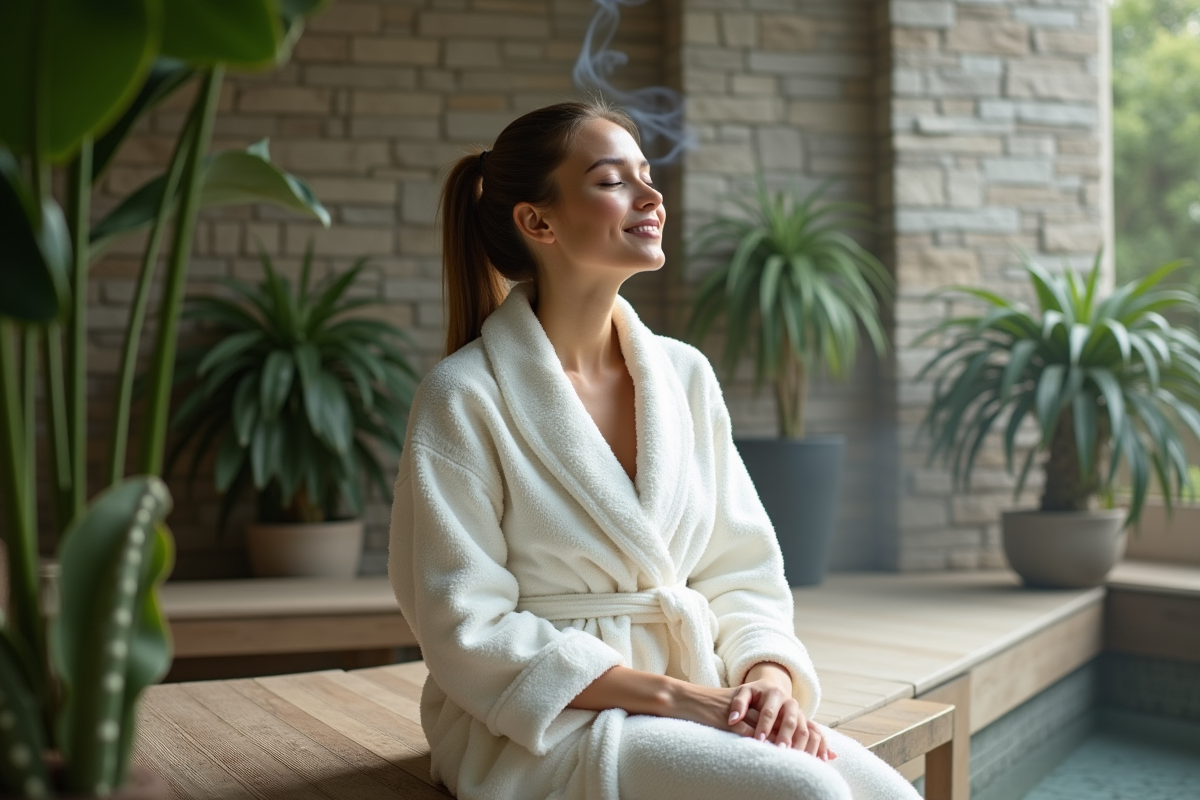 Femme relaxant dans un spa intérieur avec robe blanche
