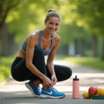 Femme souriante en tenue sportive dans un parc ensoleille avec bouteille d'eau