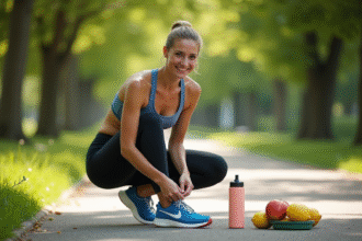 Femme souriante en tenue sportive dans un parc ensoleille avec bouteille d'eau