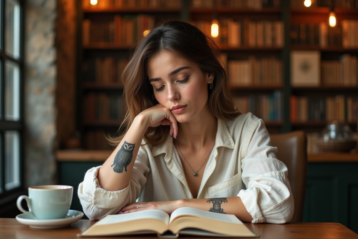 Jeune femme avec un tatouage hibou sur l'avant-bras lisant un livre de symbolisme dans un café librairie
