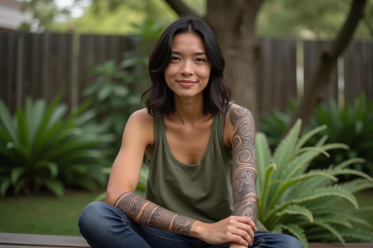 Femme polynésienne montrant un tatouage maori koru traditionnel sur l'avant-bras en extérieur