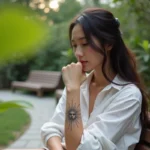 Jeune femme avec tatouage soleil dans un jardin urbain