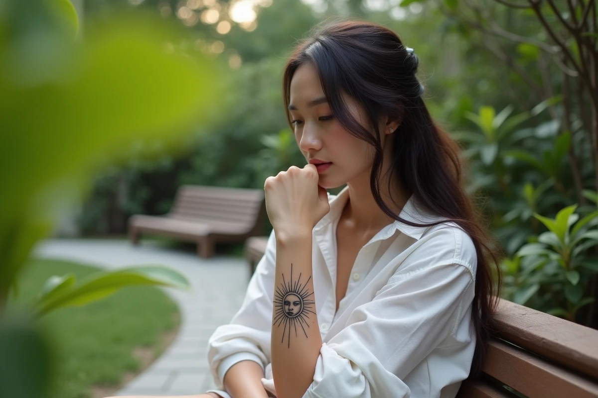 Jeune femme avec tatouage soleil dans un jardin urbain
