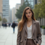 Femme élégante en veste moderne dans un décor urbain tendance