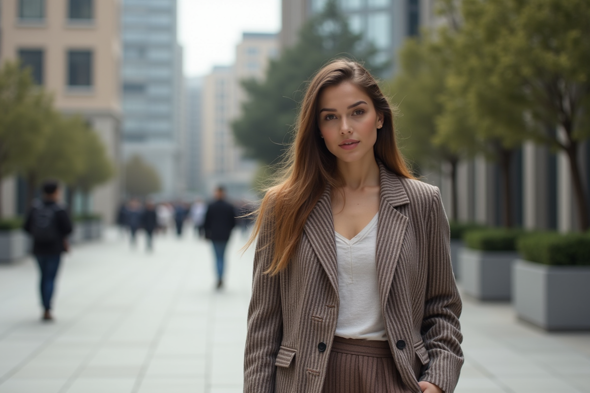 Femme élégante en veste moderne dans un décor urbain tendance