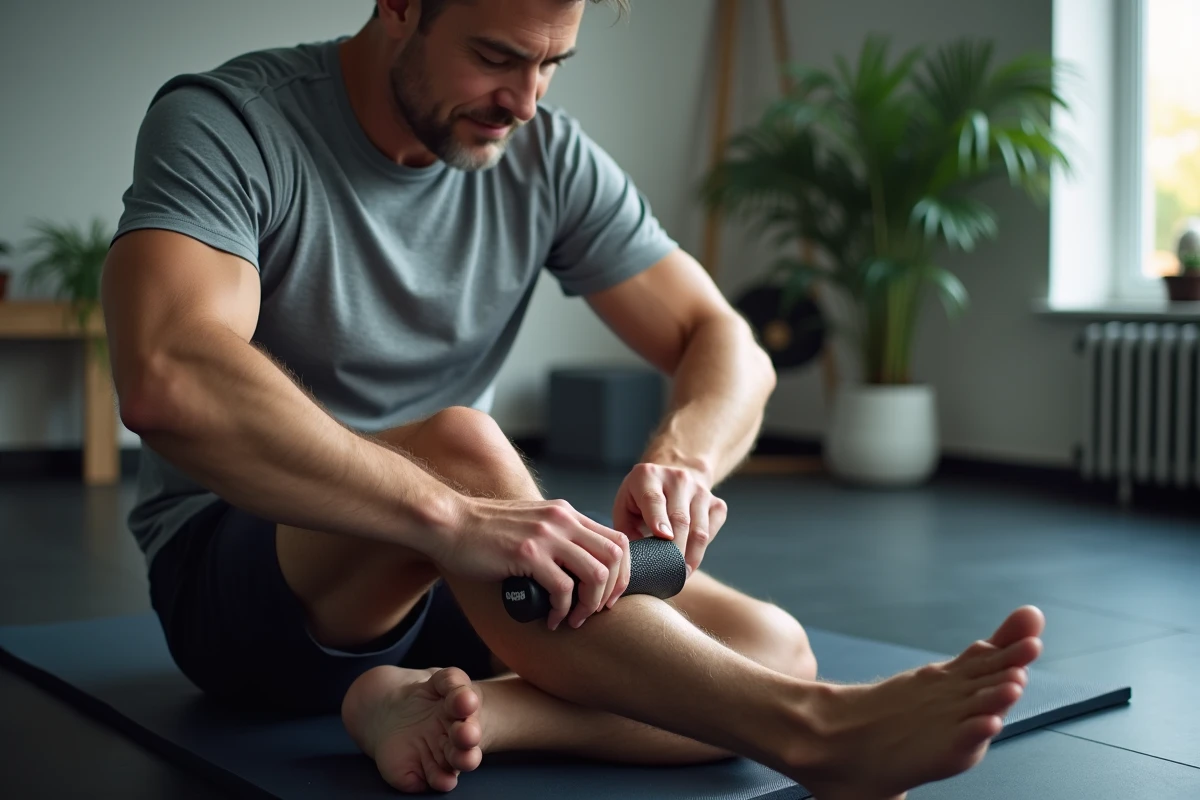 Homme utilisant un bâton de massage sur le mollet pour pratiquer le fermoter à domicile