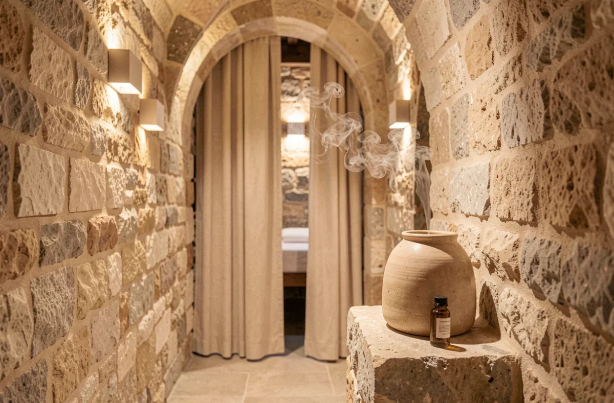 Couloir en pierres apparentes d'un spa provençal intimiste avec cabine de soin privée et diffuseur d'huiles essentielles à Ollioules
