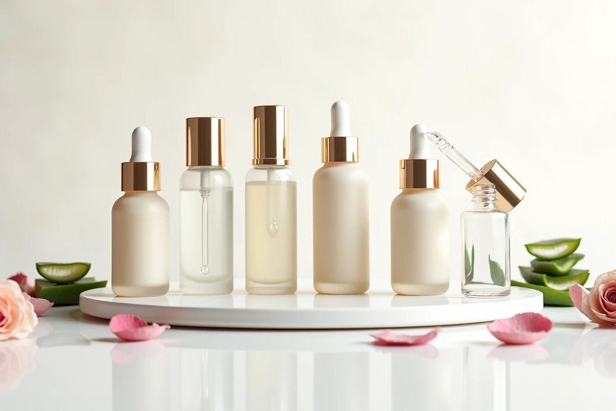 Flacons d'essence cosmétique avec ingrédients botaniques disposés sur une surface céramique blanche