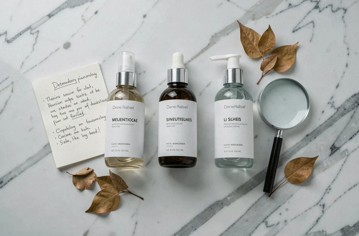 Flat lay de produits de soin peau minimalistes sur marbre blanc avec notes de dermatologue et flacons de sérum