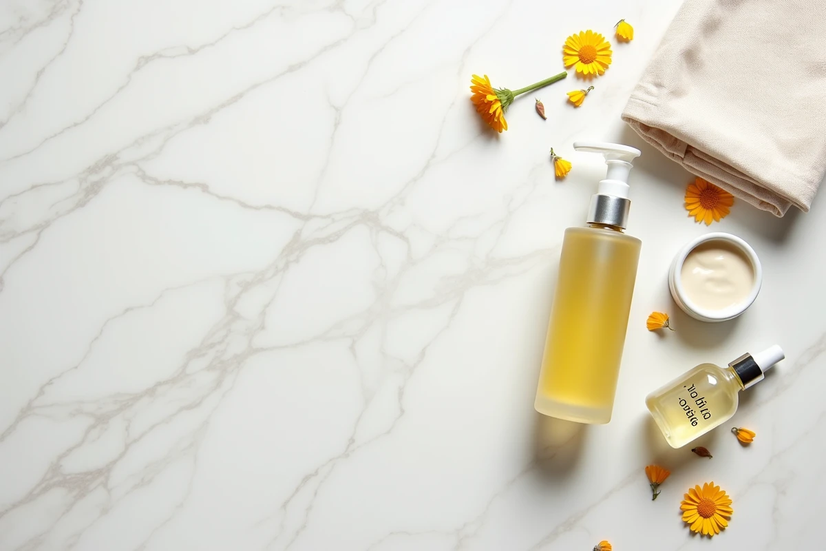 Flat lay de produits de soin pour la rosacée disposés sur marbre blanc avec pétales de calendula et serviette en lin