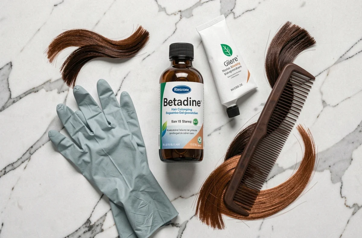 Flat-lay éditorial d'une bouteille de Bétadine, tube de coloration et accessoires capillaires sur marbre blanc