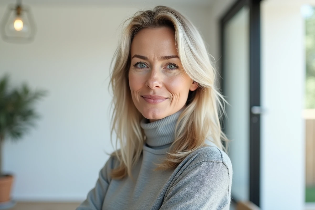 Femme aux cheveux fins blonds avec une frange latérale qui allonge le visage