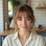 Femme aux cheveux fins avec une frange rideau douce dans un salon de coiffure parisien