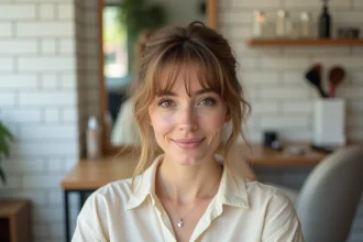 Femme aux cheveux fins avec une frange rideau douce dans un salon de coiffure parisien