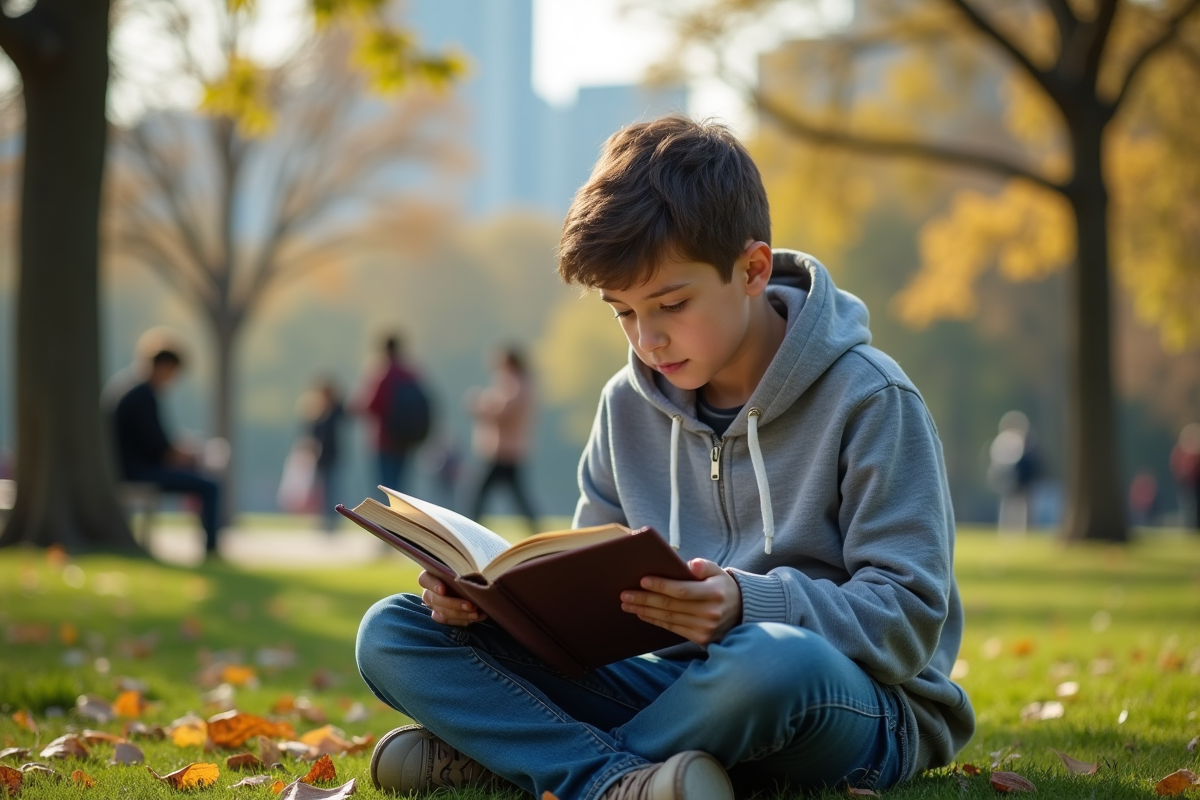 Adolescent lisant un livre dans un parc urbain