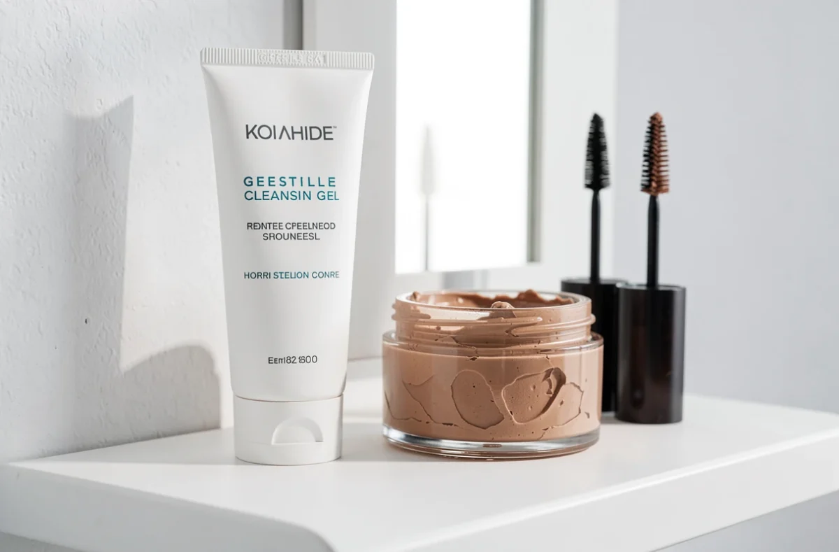 Gel nettoyant, masque et mascara posés sur une tablette de salle de bain