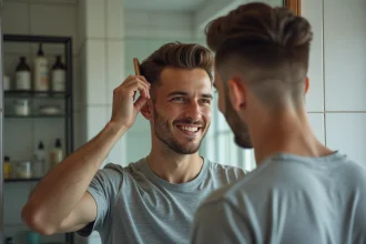 Coiffeur ajustant une coupe dégradée sur un homme élégant