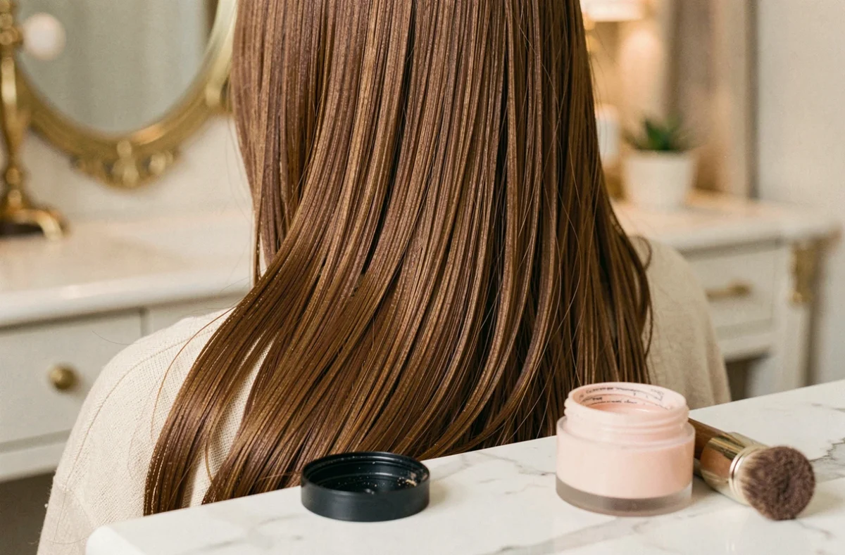 Gros plan sur un brushing soiré aux reflets naturels sublimé par un gel en poudre, avec le produit posé sur marbre blanc