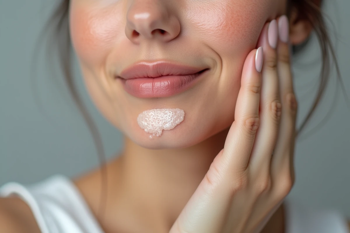 Gros plan sur une peau rosacée avec application d'un sérum apaisant sur les joues rouges et les capillaires visibles