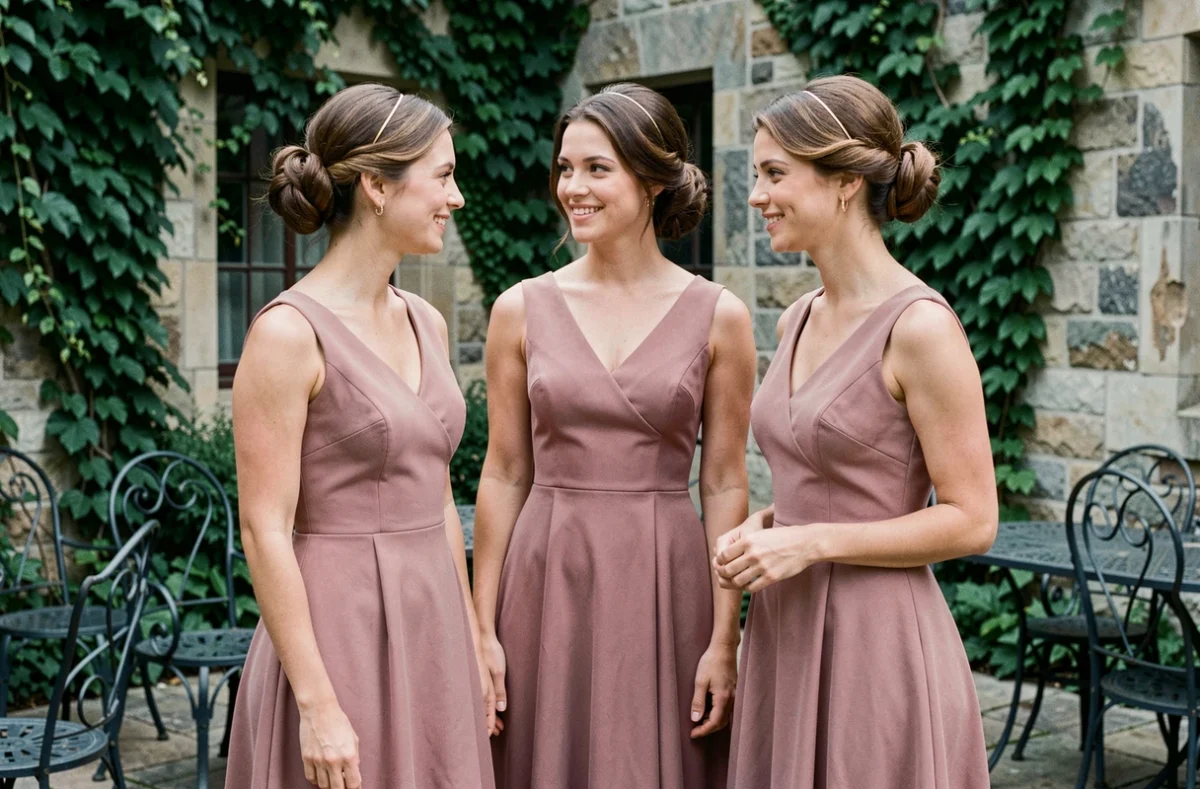 Trois demoiselles d'honneur en robes Art Déco rose poudré avec des chignons années 20 coordonnés et des bandeaux dorés dans un jardin de mariage