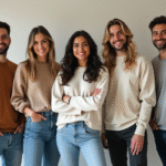 Groupe divers d'adultes posant en intérieur lumineux