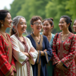 Groupe de personnes diverses en tenues traditionnelles dans un parc