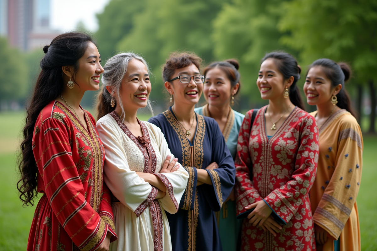 Groupe de personnes diverses en tenues traditionnelles dans un parc