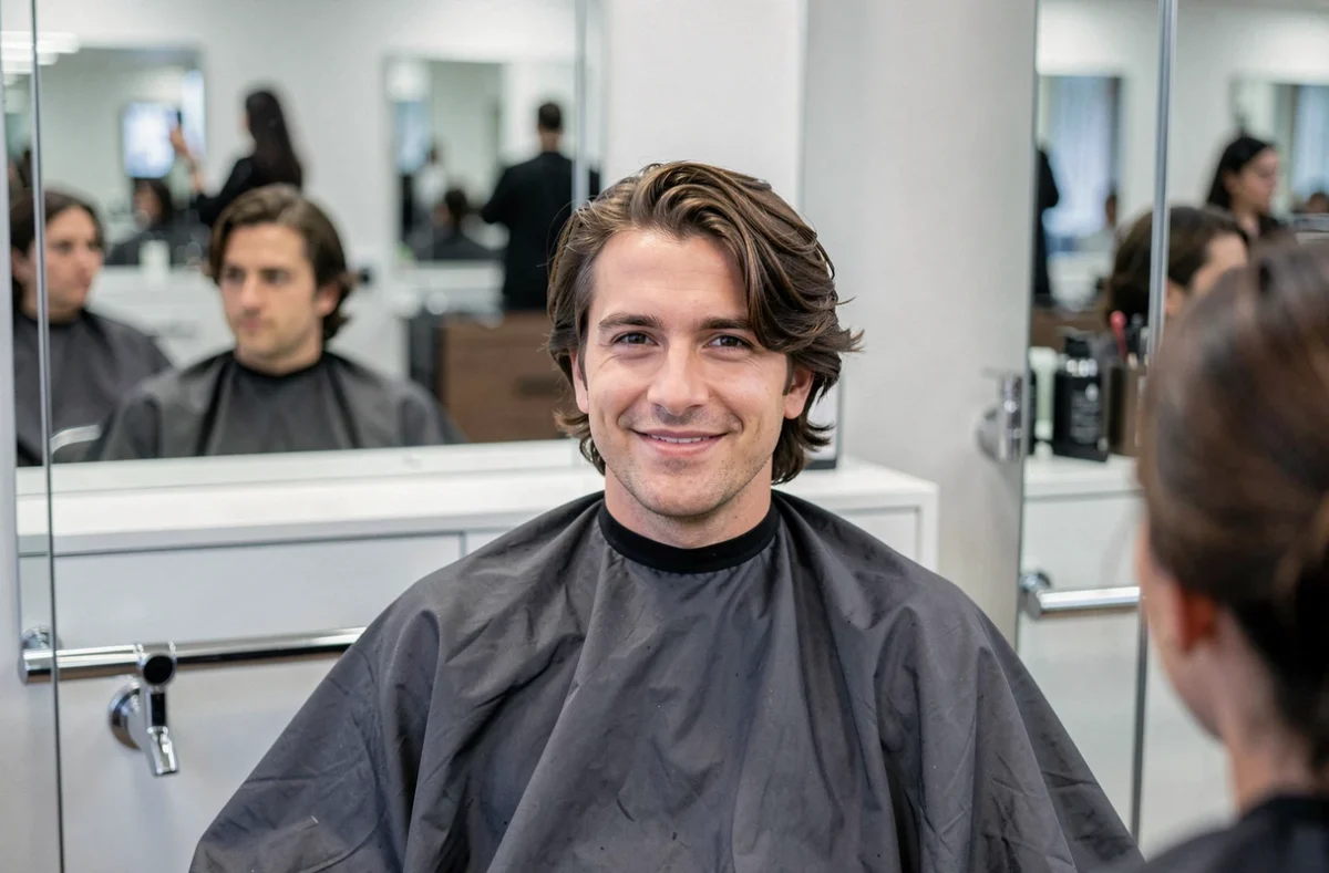 Homme aux cheveux mi-longs après une coupe chez le coiffeur, regardant son résultat dans le miroir du salon