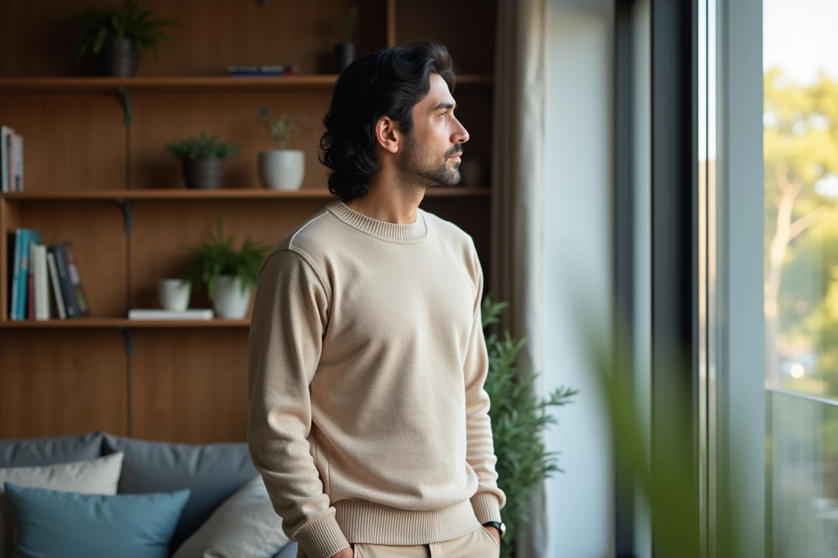 Homme aux cheveux noirs regardant par la fenêtre