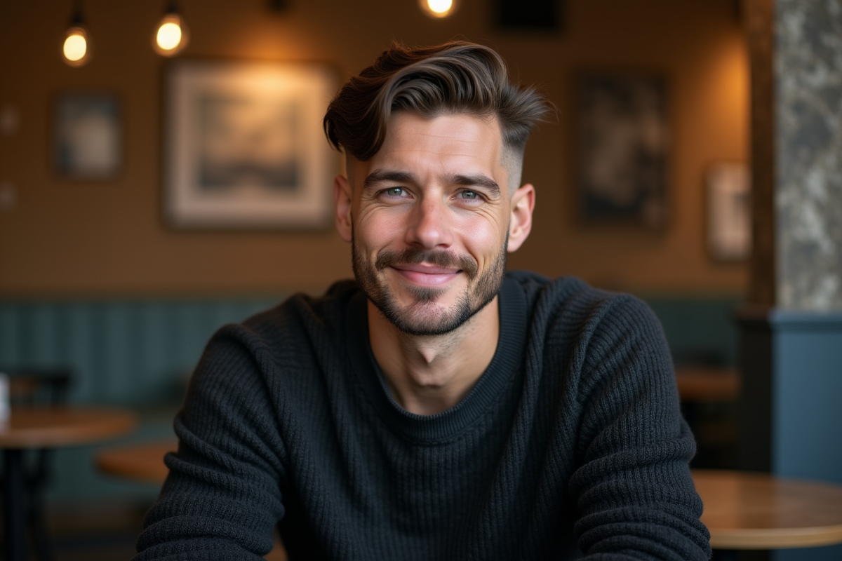 Homme confiant avec souscut dans un café chaleureux