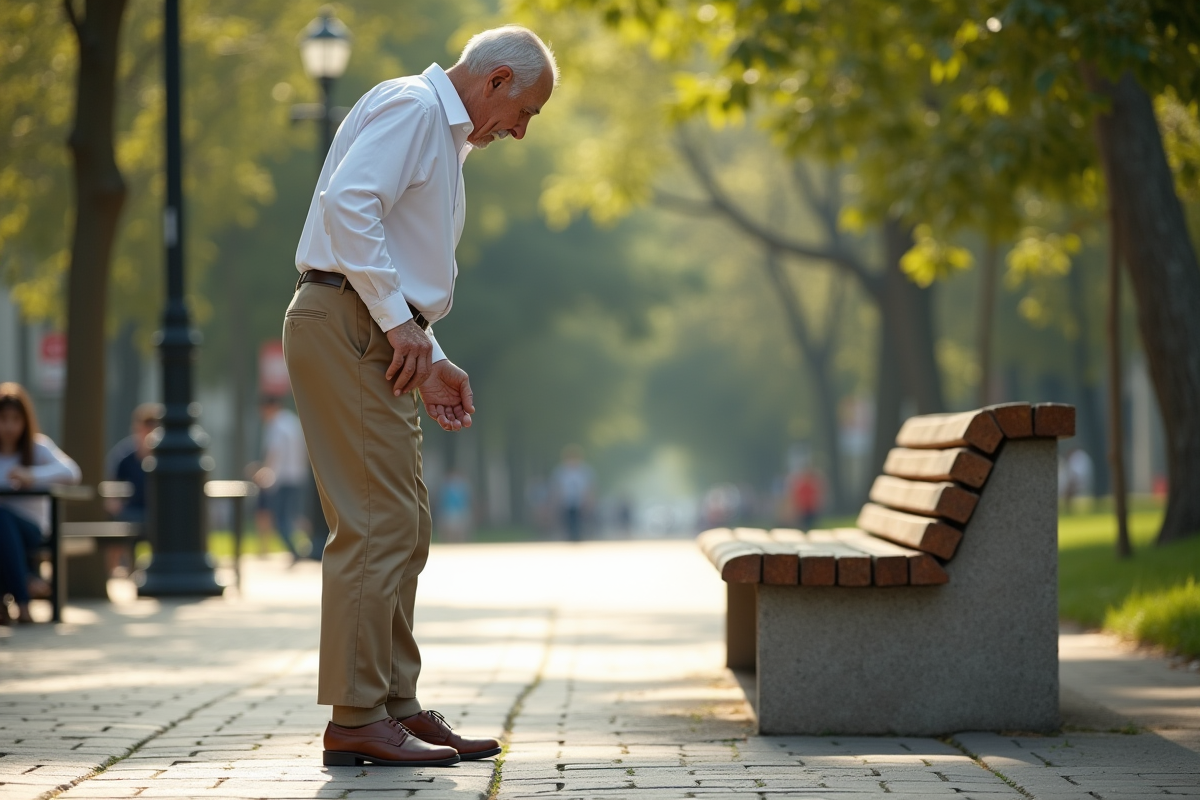 Homme âgé ajustant ses chaussures de marche dans un parc urbain