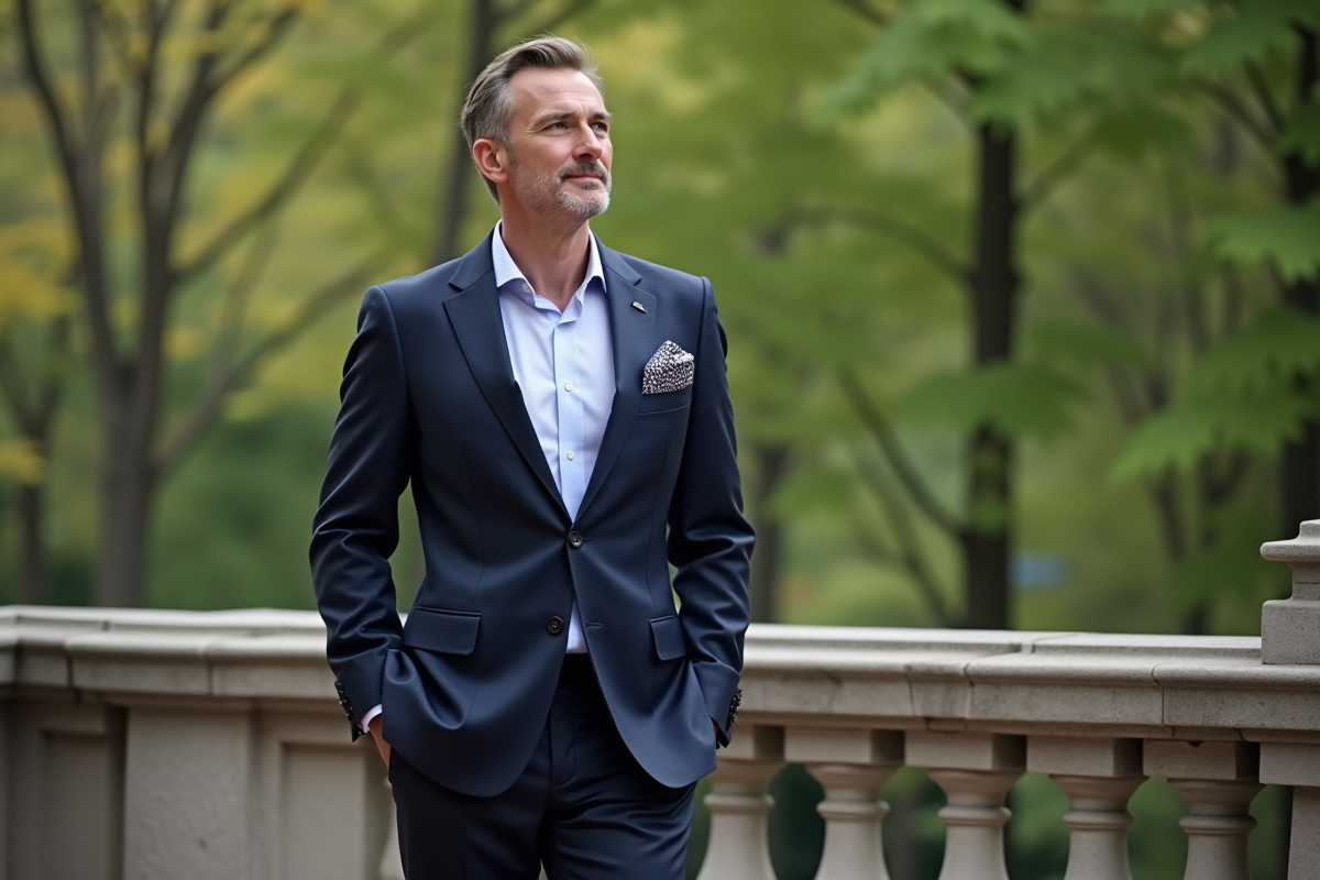 Homme en costume navy dans un parc urbain