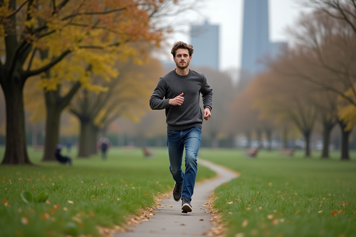 Jeune homme courant dans un parc urbain verdoyant