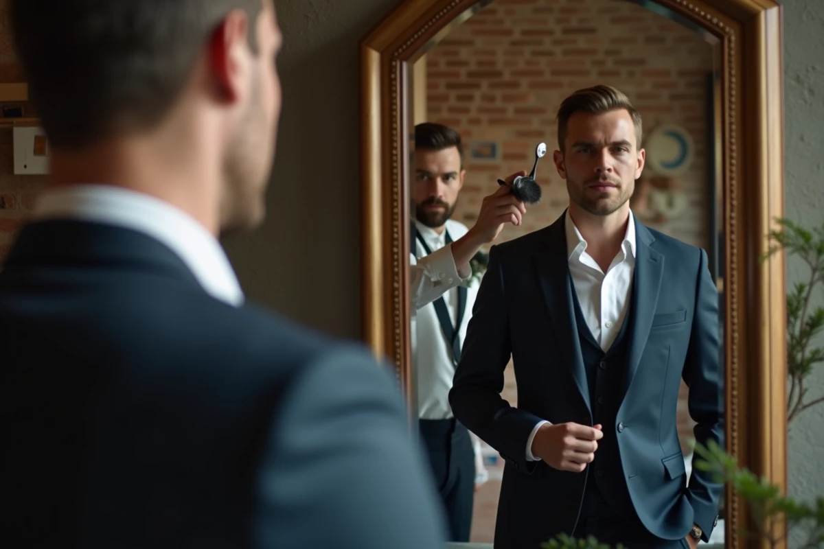 Homme en costume vérifiant son reflet dans un miroir ancien à Lille