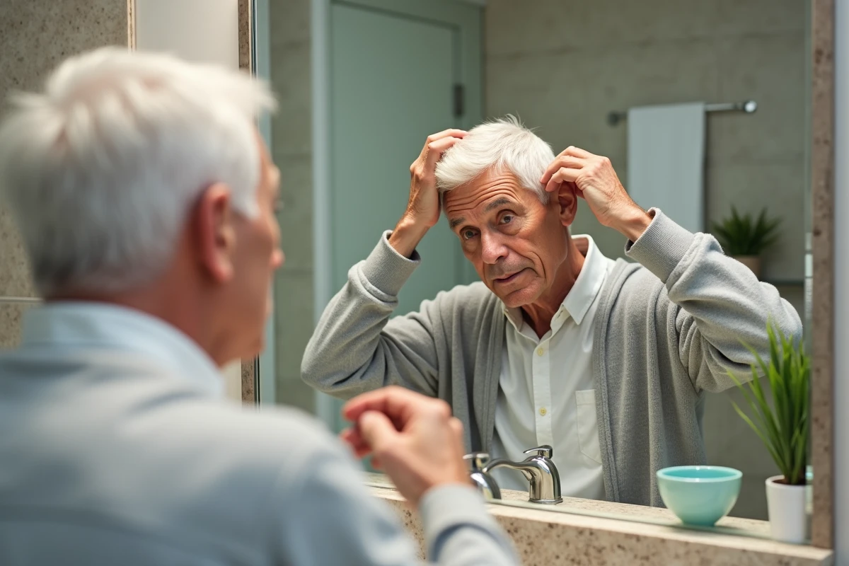 Homme âgé regardant ses cheveux blancs dans le miroir