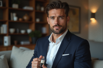 Homme élégant en costume avec parfum à la main