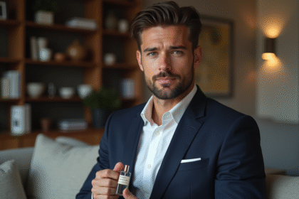 Homme élégant en costume avec parfum à la main