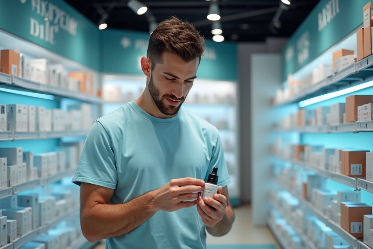 Homme curieux examinant un serum dans une pharmacie moderne
