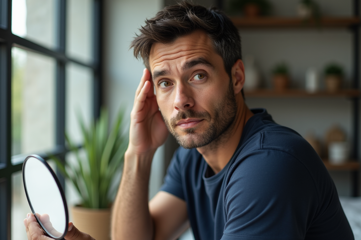 Homme regardant sa peau dans un miroir à la maison